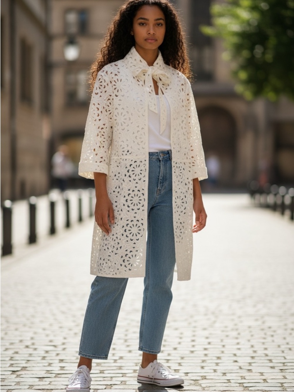 Grace Chuang Ivory Eyelet Lightweight Layer/coat